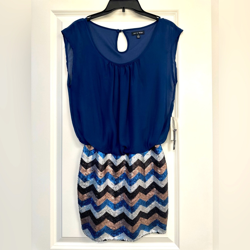 As u wish size small blue top with sheer covering with sequenced gold blue skirt
